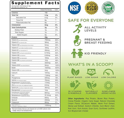 TRU Plant Based Protein Powder, BCAA, EAA, 20g Vegan Protein, 100 Calories, 27 Vitamins, No Artificial Flavors 25 Servings (Natural Chocolate Cream)