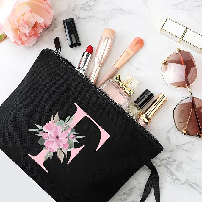 Vavabox A-Z Personalized Makeup Bag, Birthday Gifts for Women Mom, Gifts for Best Friend, Bride Bridesmaid Cosmetic bag (F, Black)