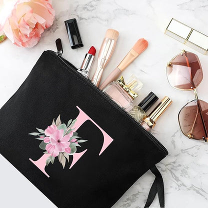 Vavabox A-Z Personalized Makeup Bag, Birthday Gifts for Women Mom, Gifts for Best Friend, Bride Bridesmaid Cosmetic bag (F, Black)