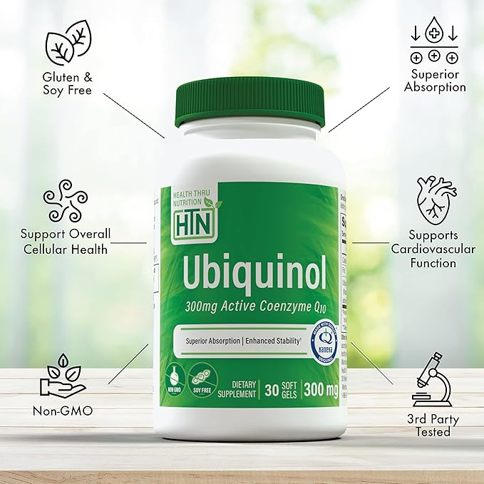 Health Thru Nutrition Ubiquinol 300mg 30 Softgels as Kaneka QH Reduced CoQ-10 | Stabilized - 3rd Party Tested | Enhanced Bioavailability | Cardiovascular & Mitochondria Function Support | Non-GMO