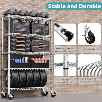 Steel Storage Shelving 5-Tier Utility Shelving Unit with Wheels, Steel Organizer Wire Rack for Home,Kitchen,Office,Garage,17.7" D x 47.2" W x 76.7" H-Chrome