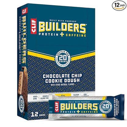 CLIF Builders + Caffeine - Chocolate Chip Cookie Dough Flavor - Plant Based Protein Bars - Gluten Free - Non-GMO - Low Glycemic - 20g Protein - 2.4 oz. (12 Count)
