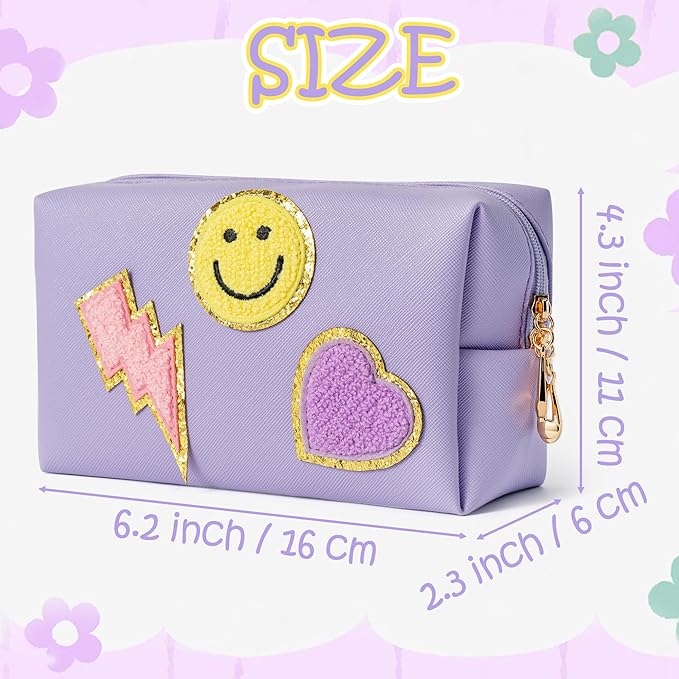 LieToi Preppy Patch Small Toiletry Bag, Smile Lightning Heart PU Leather Portable Waterproof Makeup Cosmetic Bag Daily Use Storage Purse Travel Organizer Compliant Bag for Women Girls (Taro Purple)