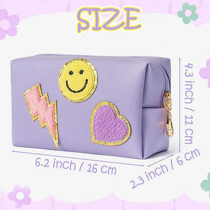 LieToi Preppy Patch Small Toiletry Bag, Smile Lightning Heart PU Leather Portable Waterproof Makeup Cosmetic Bag Daily Use Storage Purse Travel Organizer Compliant Bag for Women Girls (Taro Purple)