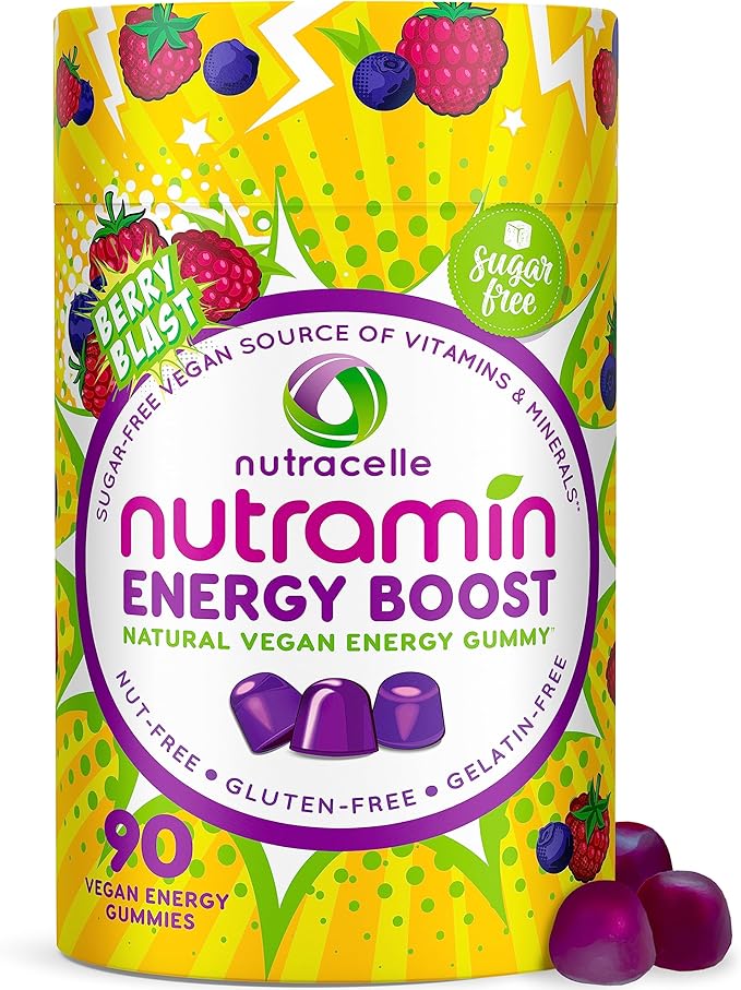 NUTRAMIN Energy Boost Vitamin Gummy - Skip The Coffee & Boost Your Energy, Caffeine-Free, Sugar-Free, Vegan, B12, Green Tea, Ashwagandha, Garcinia Cambogia, Raspberry Adaptogen - 90 ct