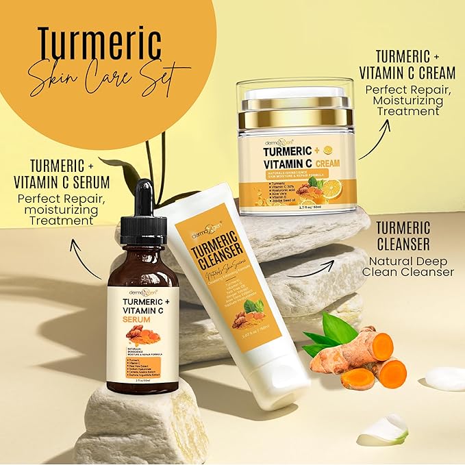 Turmeric Complete Facial Care Kit - Organic Glowing Skin Anti-Aging, Rejuvenating, Boosting Collagen & Hydrating - Day & Night Brightening Skincare Gift Set