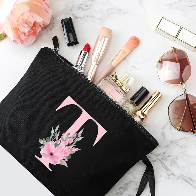 Vavabox A-Z Personalized Makeup Bag, Birthday Gifts for Women Mom, Gifts for Best Friend, Bride Bridesmaid Cosmetic bag (T, Black)
