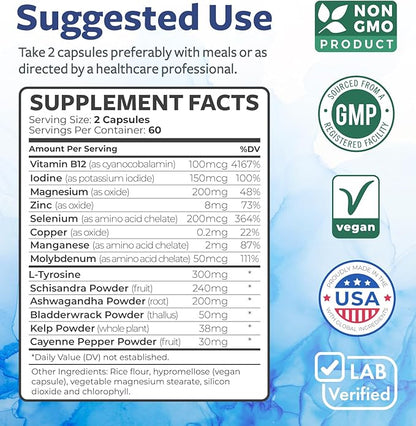 Thyroid Support with Iodine - 120 Capsules (Non-GMO) Improve Your Energy - Ashwagandha Root, Zinc, Selenium, Vitamin B12 Complex - Thyroid Health Supplement for Women and for Men - 60 Day Supply