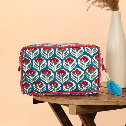 Huar Travel Makeup Bag- Large Capacity Cosmetic Bags for Women - Water Resistance Lining Portable Pouch & Open Toiletry Bag - Perfect Girls Makeup Organizer for Travel Essentials (White & Red Floral)