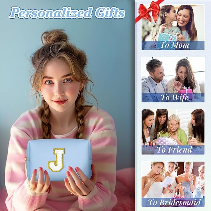 TOPEAST Preppy Stuff Tween Girls Gifts, 2 PCS Monogram Cute Cosmetic Makeup Bag Pouch Case Travel Toiletry Make Up Bag For Women Her Mom Best Friend Sister Teacher Bridesmaid, Blue J
