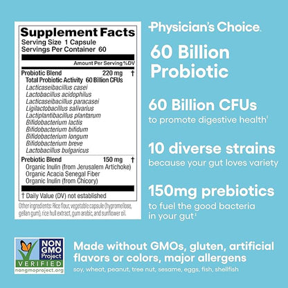 Physician's CHOICE Probiotics 60 Billion CFU - 10 Strains + Organic Prebiotics - Immune, Digestive & Gut Health - Supports Occasional Constipation, Diarrhea, Gas & Bloating - for Women & Men - 60ct