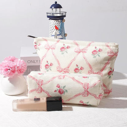 Cosmetic Bag for Women Corduroy Makeup Bag Travel Make Up Organizer Tool Pouch Small Bag for Purse, Zipper Portable Storage Pouch Toiletry Bag for Women (Diamond pink)