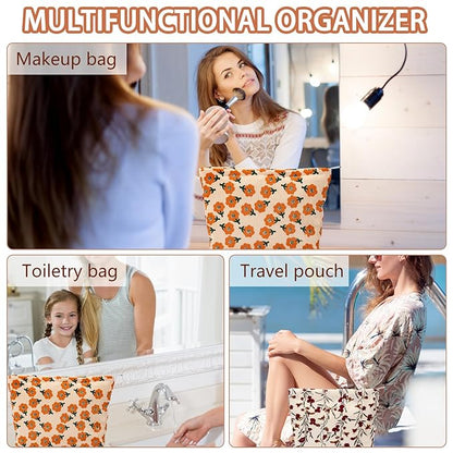 ZLFSRQ 2Pcs Daisy Flower Makeup Bag Travel Cute Cosmetic Bags for Women Large Floral Toiletry Pouch Zipper Cosmetic Pouch Set for Purse Aesthetic Corduroy Makeup Organizer Bag Portable Toiletry Bags