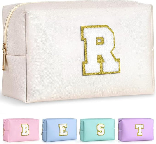 TOPEAST Cosmetic Travel Bags for Women, Preppy Small Makeup Bag, PU Leather Waterproof Toiletry Bag, Unique Friendship Gifts for Friends Coworker, Cute Stuff for Girls (White R)