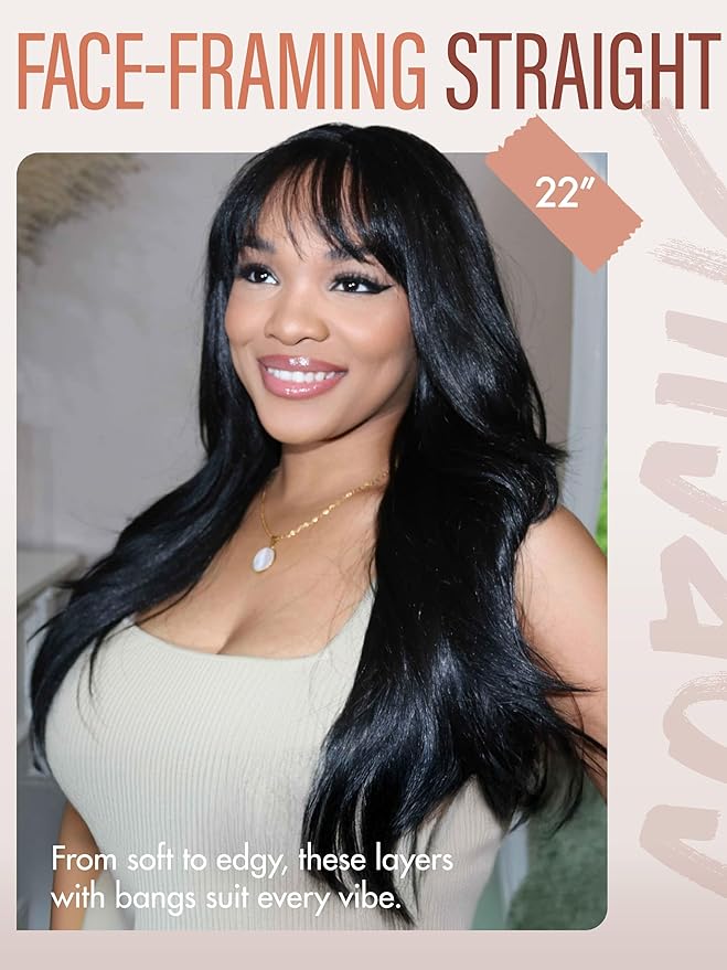 GORGIUS Glueless Wig with Bangs Natural Black Straight Layered Hair Ready-to-Go Synthetic Bang Wigs with Realistic Scalp 24 Inch