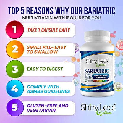 Shiny Leaf Bariatric Multivitamin with Iron - 45mg Iron, 180 Capsules, Post WLS Support, for Gastric Sleeve, Bypass and Mini Bypass, High Potency Daily Vitamins, for Women and Men,6 Months Supply