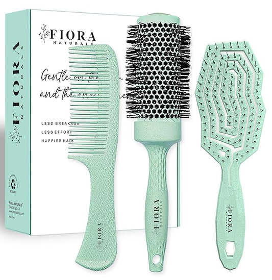 Fiora Naturals Hair Brush Set - Detangler, Round Brush, and Comb for Women - Bio-friendly Brushes for All Hair Types including Natural, Fine & Curly - Ideal for Detangling and Blow Drying