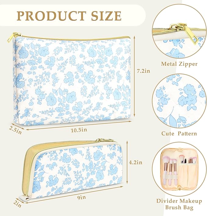 Quilted makeup bag Set for Women, Floral Cotton Makeup Bag Travel Cosmetic Pouch for Girls Make Up Organizer, Gift for Mothers Day, Birthday Gift for Her - Blue flower