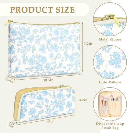 Quilted makeup bag Set for Women, Floral Cotton Makeup Bag Travel Cosmetic Pouch for Girls Make Up Organizer, Gift for Mothers Day, Birthday Gift for Her - Blue flower
