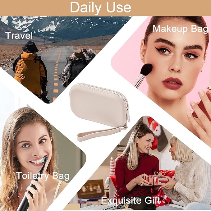 Portable Silicone Makeup Bag for Women, Small Travel Waterproof Toiletry Cosmetic Bag, Zipper Closure Organizer Makeup Case with Handle (Light Grey)
