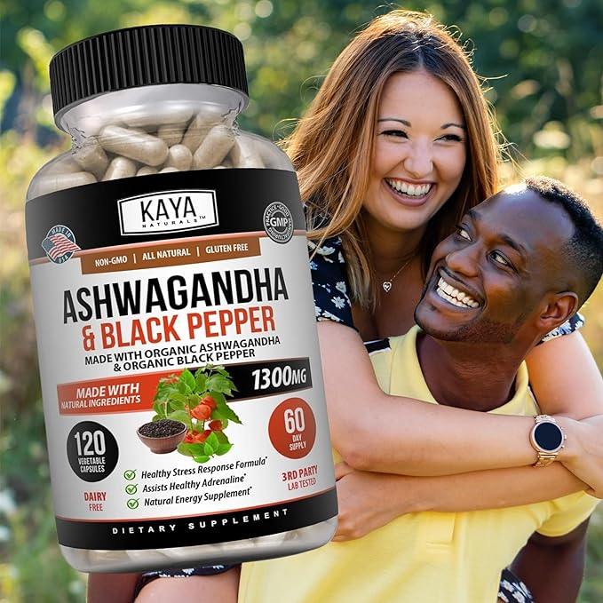 Kaya Naturals Organic Ashwagandha 1300mg, 120 Count Capsules for Stress Relief, Adrenal, Mood & Thyroid Support, Black Pepper and 100% Pure Ashwagandha -120 Capsules