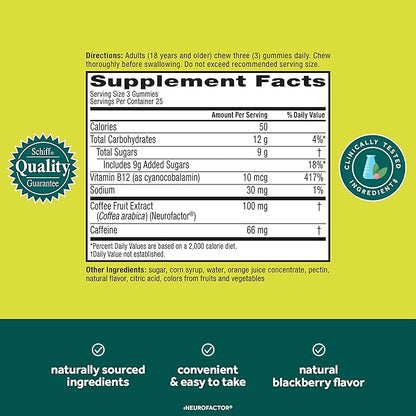 NEURIVA Brain + Energy Gummies, Nootropic Brain Supplements for Focus and Concentration with Neurofactor, Vitamin B12 & Caffeine for an Energy Boost*, 75ct Natural BlackBerry
