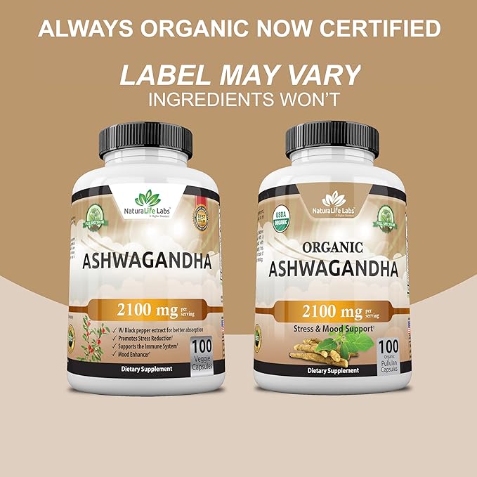 Organic Ashwagandha 2,100 mg - 100 Veggie Capsules Pure Organic Ashwagandha Powder and Root Extract - Stress Relief, Mood Enhancer