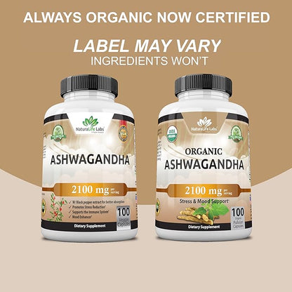 Organic Ashwagandha 2,100 mg - 100 Veggie Capsules Pure Organic Ashwagandha Powder and Root Extract - Stress Relief, Mood Enhancer