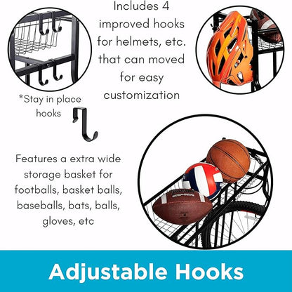 BIRDROCK HOME Bike Rack Garage Storage Floor Stand - Freestanding Organizer for Outdoor Yard - Upright Wall Mount for Scooters, Rakes, Motorcycles, Hoverboards, Gloves - Holds 4 Bicycle - Black