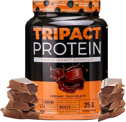 Nutrology TRIPACT Protein Powder, Creamy Chocolate Flavor, 7-in-1 Meal Replacement Shake with Grass Fed Whey Protein Powder, Pea Protein Powder, Greens, Probiotics & BCAAs, 20 Servings