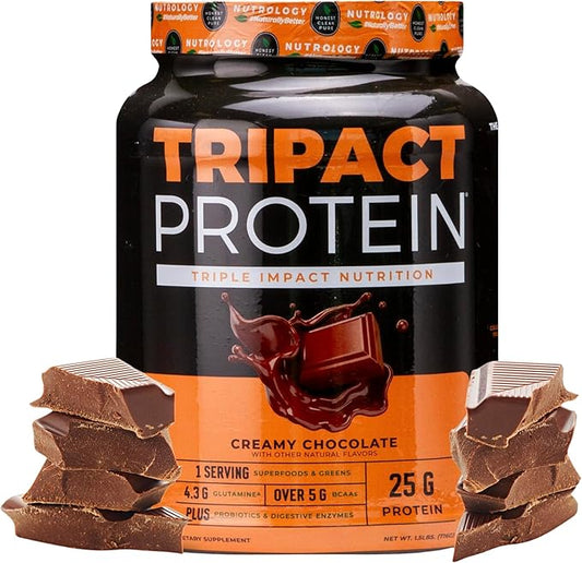Nutrology TRIPACT Protein Powder, Creamy Chocolate Flavor, 7-in-1 Meal Replacement Shake with Grass Fed Whey Protein Powder, Pea Protein Powder, Greens, Probiotics & BCAAs, 20 Servings