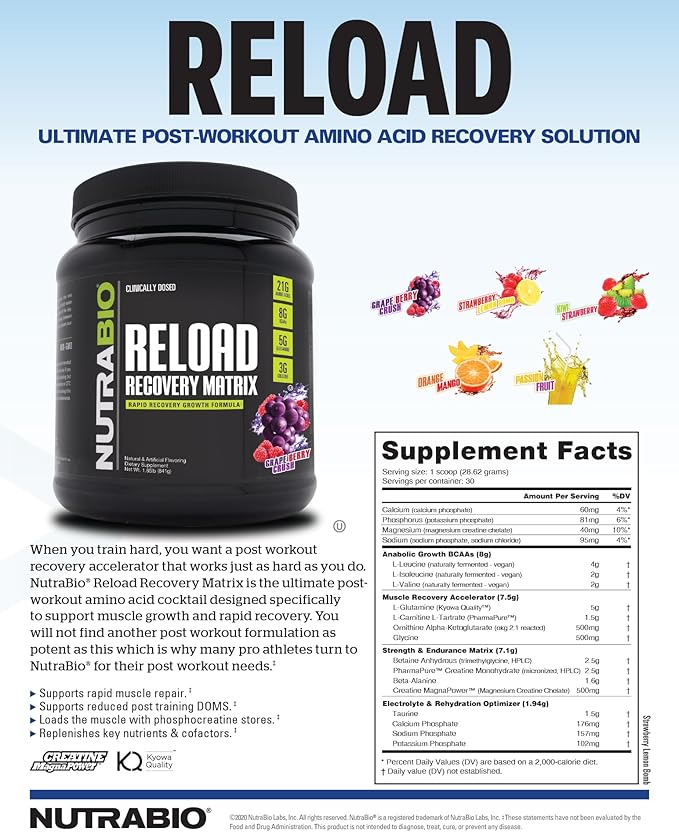 NutraBio Reload - Powerful Muscular Recovery Formula - Post-Workout Supplement - 3G Creatine - 8G BCAAs - 5G Glutamine - 30 Servings, Strawberry Lemon Bomb