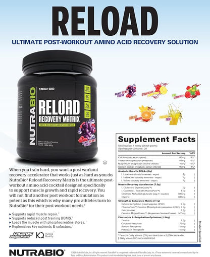 NutraBio Reload - Powerful Muscular Recovery Formula - Post-Workout Supplement - 3G Creatine - 8G BCAAs - 5G Glutamine - 30 Servings, Strawberry Lemon Bomb