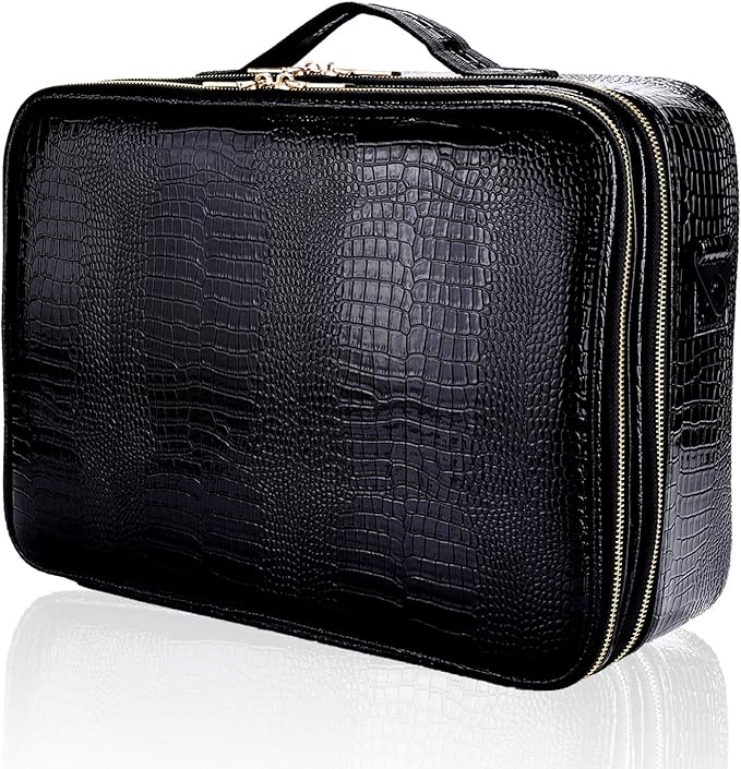 JOURMON Travel Makeup Case Portable Makeup Train Case Organizer Cosmetic Bag with Adjustable Dividers and Shoulder Strap for Makeup Brushes Toiletry Travel Accessories(Crocodile Pattern Black, L)