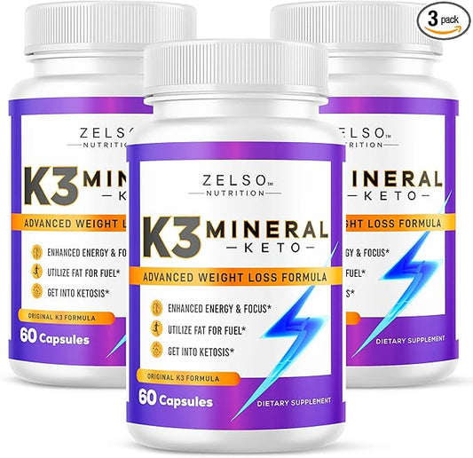 ZELSO (3 Pack) K3 Mineral Weight Loss Pills for Women and Men - K3 Salt Mineral, Vitamin + K3 Capsules Supplement for Weight Loss - 180 Days Supply