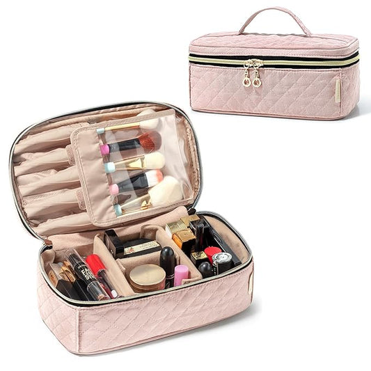 Teamoy Travel Makeup Brush Case, Makeup Train Organizer Bag with Handle for Makeup Brushes(up to 9-inch) and Essentials, Medium, Misty Rose(BAG ONLY)