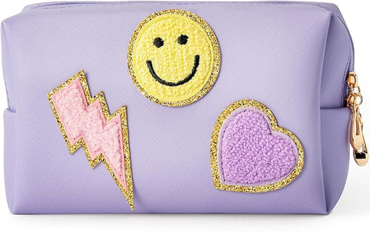 LieToi Preppy Patch Small Toiletry Bag, Smile Lightning Heart PU Leather Portable Waterproof Makeup Cosmetic Bag Daily Use Storage Purse Travel Organizer Compliant Bag for Women Girls (Taro Purple)