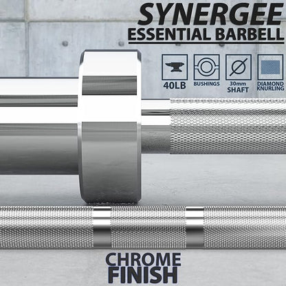 Synergee Essential 40lb Chrome Olympic Barbell. Great for Weightlifting