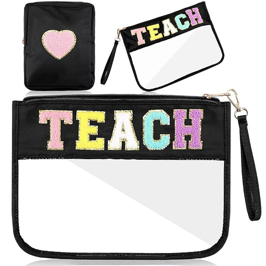 Hillban 2 Pcs Teacher Pencil Pouch Zipper Teacher Appreciation Gift Women Clear Makeup Cosmetic Bag Chenille Letter Bag Toiletry Travel Kit Accessories Waterproof Purse Grad Retirement Gift