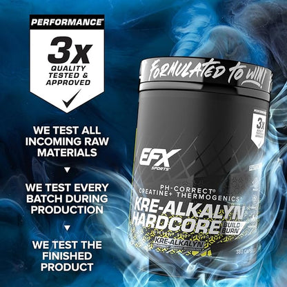 EFX Sports Kre-Alkalyn Hardcore | Thermogenic pH Correct Creatine Monohydrate Pill Supplement | Energy & Strength Pre Workout | 126 Servings, 380 Capsules