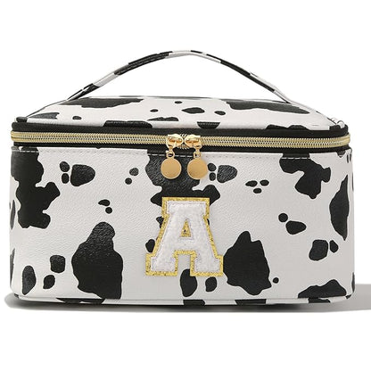 KITENROM Initial Makeup Bag Monogram Travel Pouch Extral Large Cosmetic Bag Cute Cow Print Personalized Makeup Organizer Toilitery Case for Women with Removable Divider Letter A