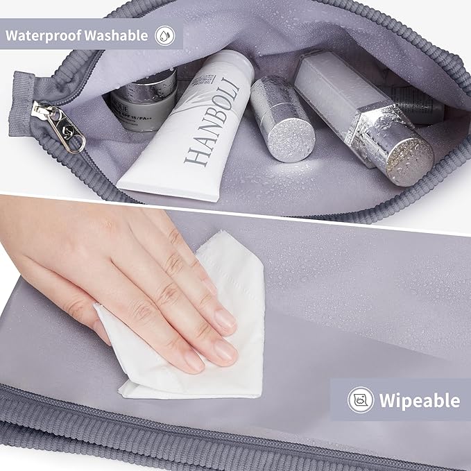 WLLWOO Makeup Bag-2pcs CowCorduroy Cosmetic Bag Zipper Interior Waterproof Pencil Case Coin Purse Travel Toiletry Small Makeup Pouch For Women