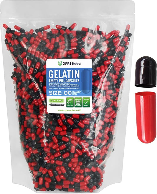 XPRS Nutra Size 00 Empty Capsules - 5000 Count Empty Gelatin Capsules - Empty Pill Capsules - DIY Capsule Filling - Fillable Pill Capsules Empty Gel Caps (Black/Red)