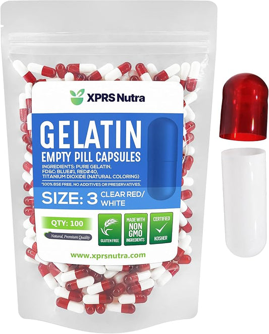 XPRS Nutra Size 3 Empty Capsules - 100 Count Empty Gelatin Capsules - Empty Pill Capsules - DIY Capsule Filling - Pure Bovine Pill Capsules Empty Gel Caps (Clear Red/White)