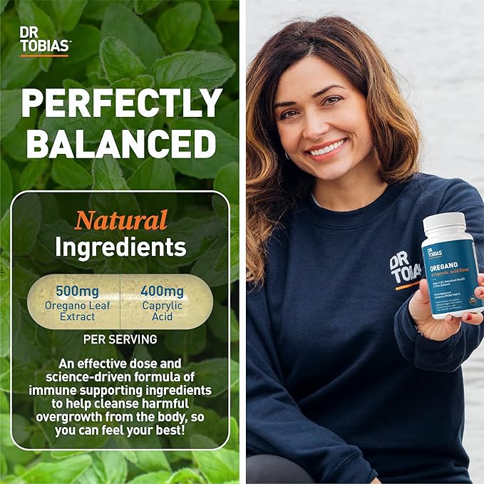 Dr. Tobias Oregano and Caprylic Acid Blend, Gut Flora Balance Complex, Intestinal Health & Immune Support with Herbs & Probiotics, Gut Health Supplements for Women & Men, 120 Capsules, 60 Servings