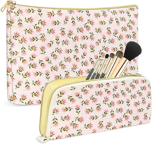 Quilted makeup bag Set for Women, Floral Cotton Makeup Bag Travel Cosmetic Pouch for Girls Make Up Organizer, Gift for Mothers Day, Birthday Gift for Her - Red Flower