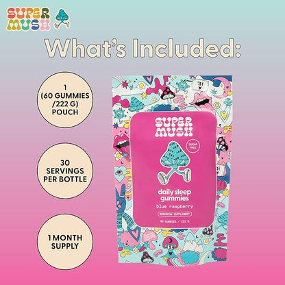 SuperMush Sleep Gummies for Adults - Mushroom Supplement with Magnesium Citrate, L-Theanine, Chaga, Reishi & Chamomile for Deep Sleep, REM & Detox - Vegan & Sugar-Free - 60 Gummies (30 Servings)
