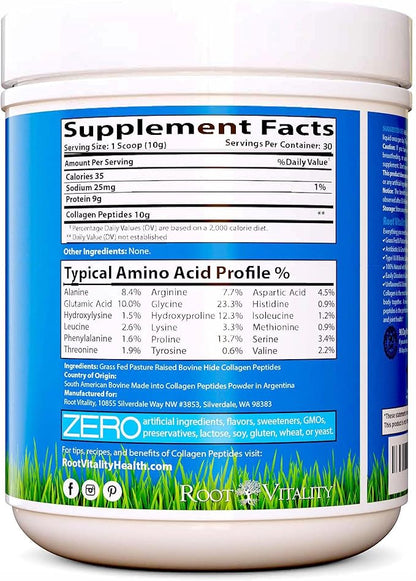 Collagen Peptides Powder - Grass-Fed, Pasture-Raised Hydrolyzed Protein Supplement for Skin, Hair, & Nails - Non-GMO, Zero Sugar Daily Supplement for Men & Women (30 Servings)