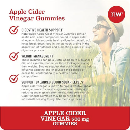 NatureWise Apple Cider Vinegar Gummies - 500mg ACV Gummies with Vitamin B12 - Apple-Pineapple Flavor - Support for Energy & Gut Health - Vegan, Gluten-Free, Non-GMO - 60 Gummies[2-Month Supply]