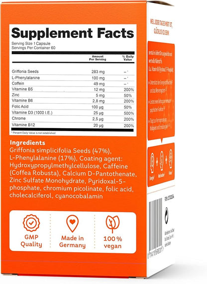 Original Energy Brain Supplement for Focus, Concentration & Cognitive Function - 60 Vegan Capsules with Vitamins B6, B12 & D3, 5-HTP & Phenylalanine - Winner German University Award